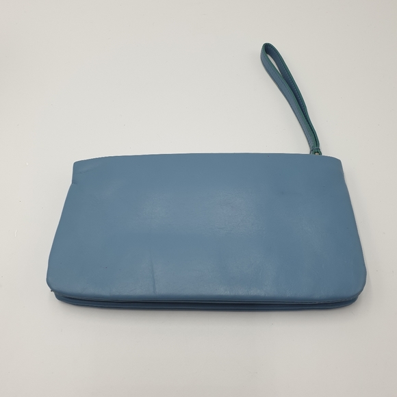 EXTRA 30% OFF🖤 Oroton Dusty Blue Leather Silver Logo Zip Top Pouch Wrislet - Picture 8 of 15